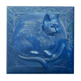 R Marinho Blue Faux alivio Art Nouveau Cat