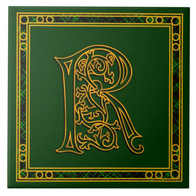 R Monograma "Irlandês Dourado em Verde" Azulejo ce (Frente)