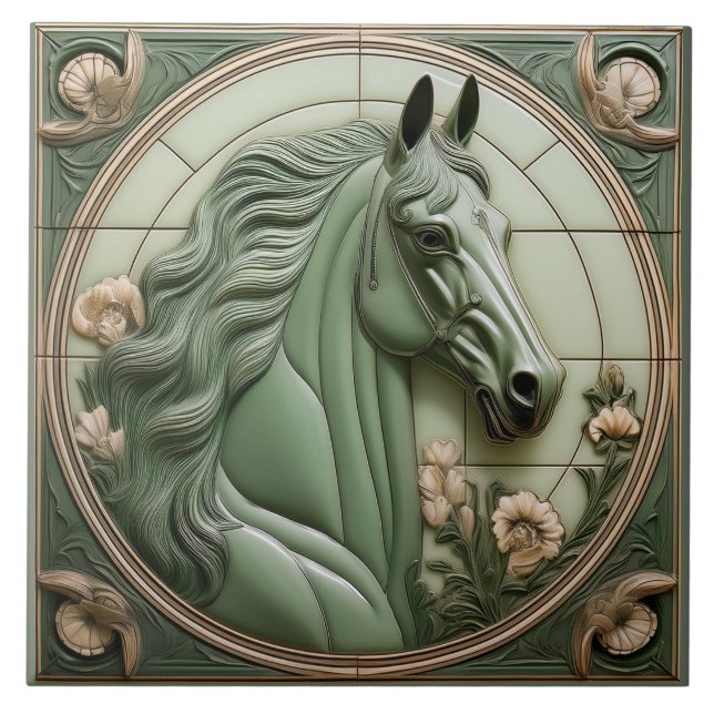 R Sage green faux relief Art Nouveau Horse Head (Frente)