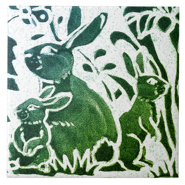 Rabbit Batik Moderno Verde Azul Arte Floral (Frente)
