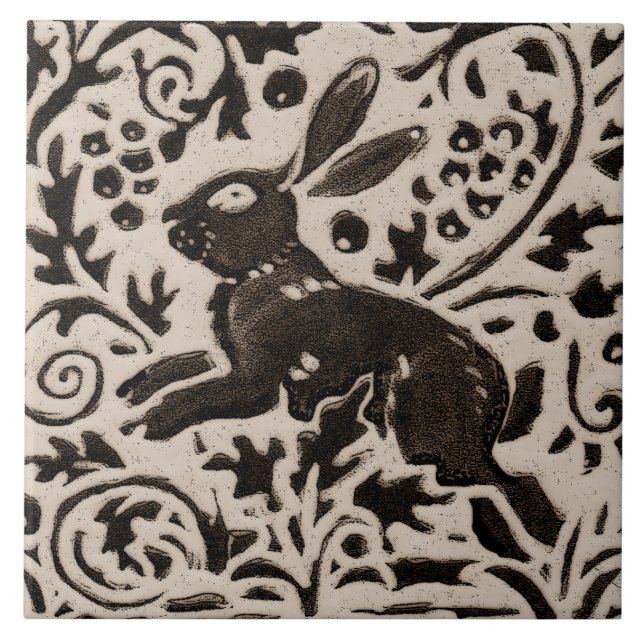 Rabbit Batik Stoneware Woodland Animal Tan Cinza (Frente)