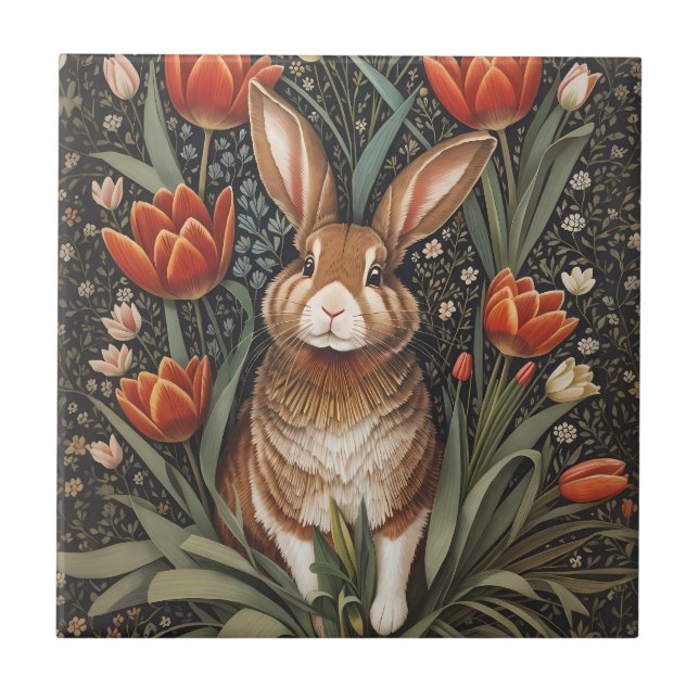 Rabbit vermelho Tulipas William Morris inspiradas (Frente)