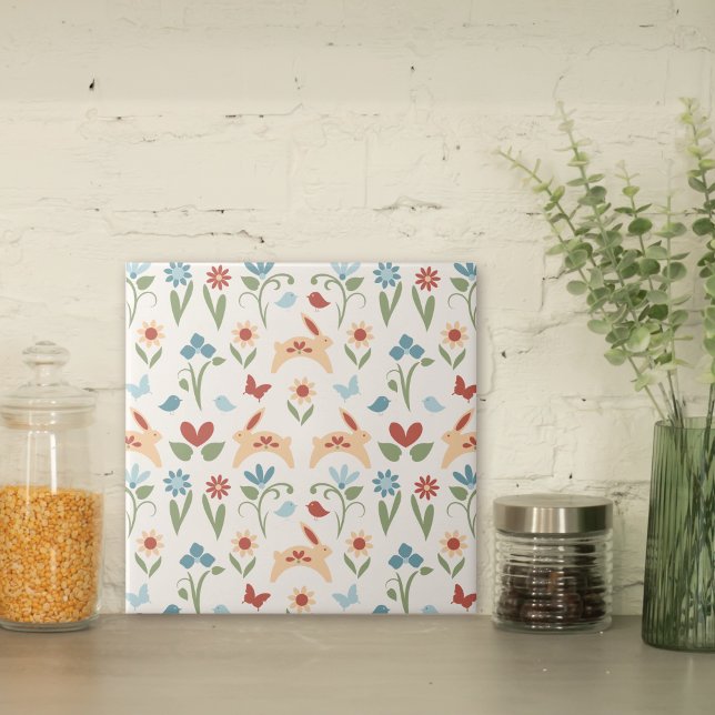 Rabbits Flores selvagens Padrão de Arte Folclórica (Criador carregado)