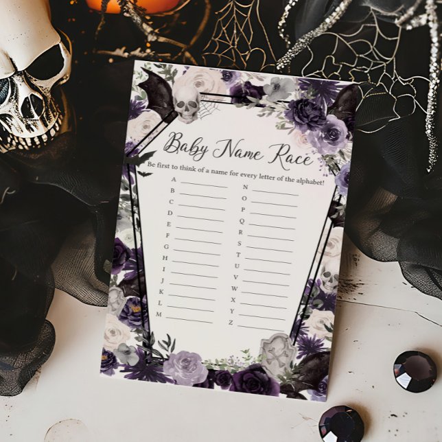 Raça do Race do Nome do Bebê Roxo Floral Gótico (Floral Gothic Coffin Baby Shower Baby Name Race Game)