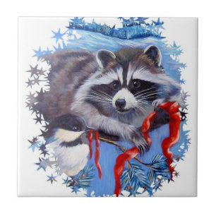 Raccoon e azulejo de cerâmica Chickadee Winter