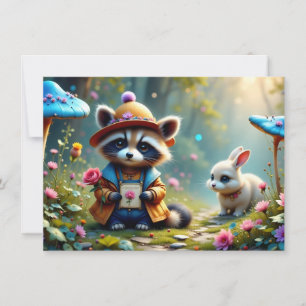 Raccoon e coelho com cartão de saudação