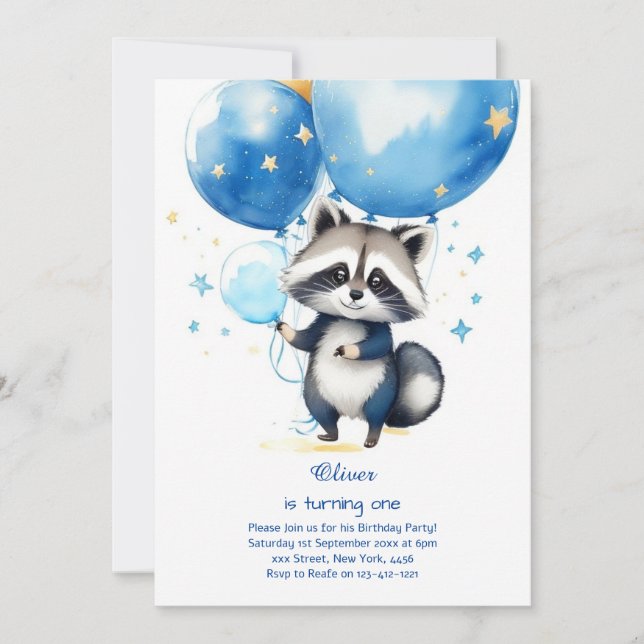 Raccoon Primeiro Convite de Aniversário (Frente)