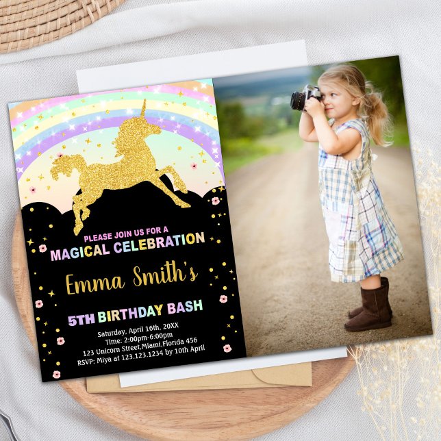 Rainbow Black Unicorn - Convites de Aniversário co (Rainbow Black Unicorn Birthday Invitations w photo)