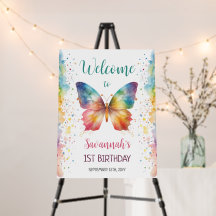 Rainbow Butterfly 1st Birthday Party Welcome Sign