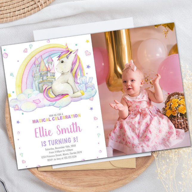 Rainbow Castile Unicorn Convites com foto (Rainbow Castile Unicorn Invitations with photo)