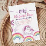 Rainbow Cute Unicorn Kids 1 s Convite de Aniversár<br><div class="desc">O Modelo de Convite de Aniversário do Dia Mágico é perfeito para a festa de aniversário das raparigas. Unicórnios mágicos e bonitos a piscar em brilhantes arco-íris em cores pastéis, a elegante fonte combinada com a caligrafia parece fofa e gentil para uma festa ou o nascimento de uma pequena princesa,...</div>
