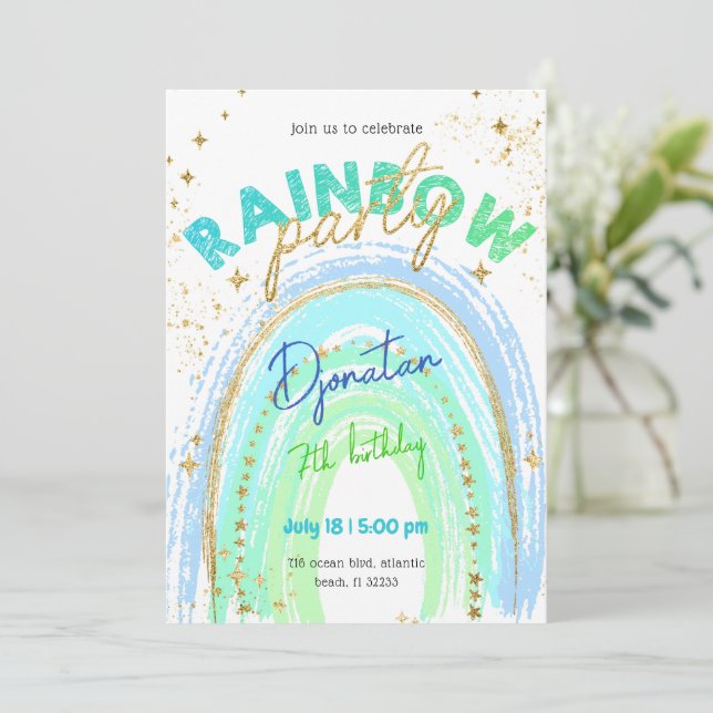 Rainbow Dourado Stars Convite de Aniversário (Em pé/Frente)