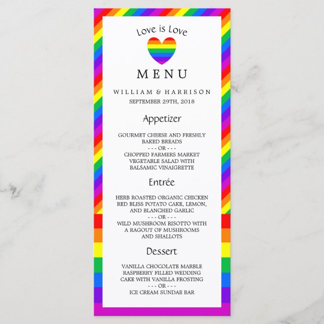 Rainbow Heart Love is Love Wedding Menu (Frente)