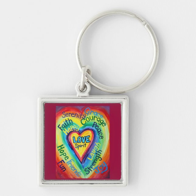 Rainbow Heart Spirit Words Chaveiro (Frente)