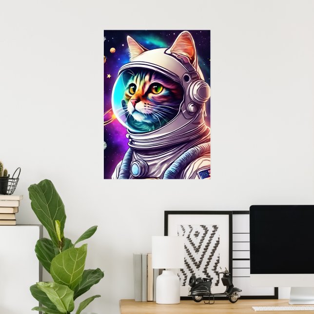 Rainbow Space Cat Astronaut Art Print Poster (Escritório em casa)