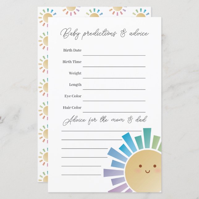 Rainbow Sunshine Chá de fraldas Jogo de Adivinhaçã (Frente/Verso)