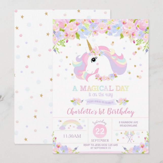 Rainbow Unicorn Aniversário Convite Bonito Floral (Frente/Verso)