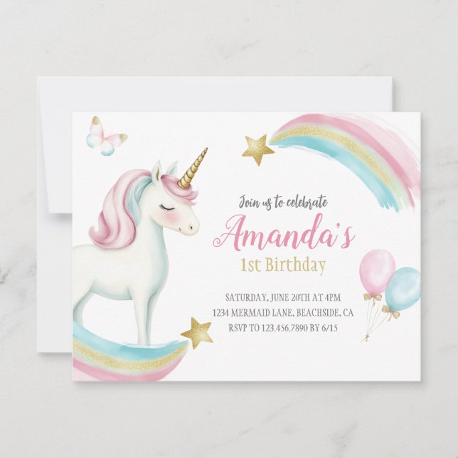 Rainbow Unicorn Birthday Girls Pastel Convite (Frente)