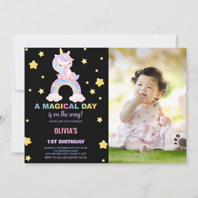 Rainbow Unicorn - Convites de Aniversário com foto (Frente)
