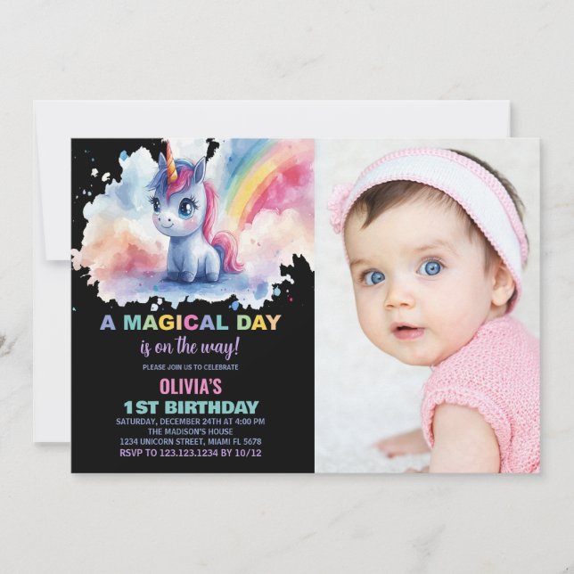 Rainbow Unicorn - Convites de Aniversário com foto (Frente)