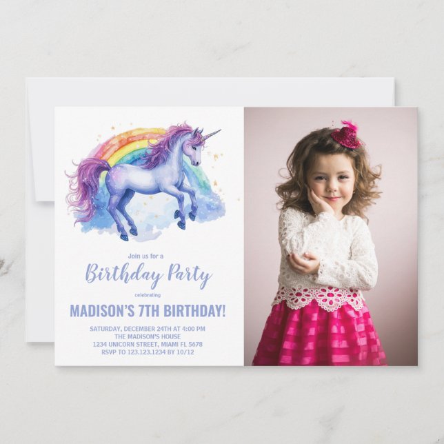 Rainbow Unicorn - Convites de Aniversário com foto (Frente)