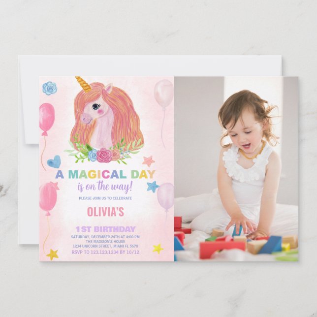 Rainbow Unicorn - Convites de Aniversário com foto (Frente)