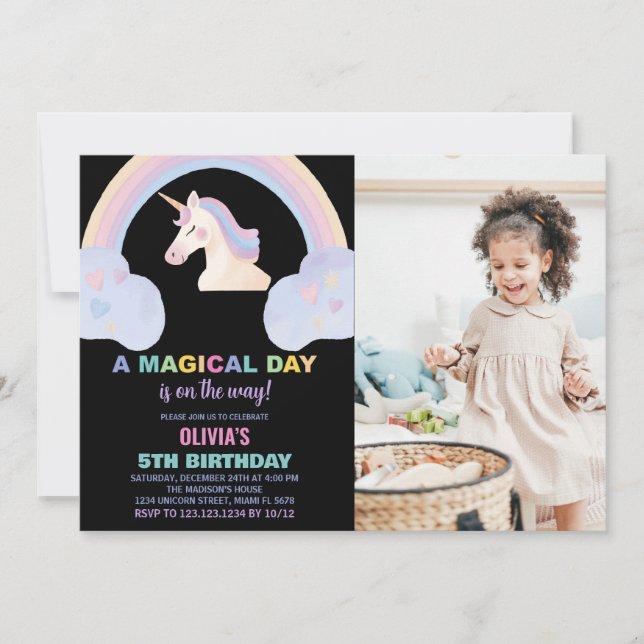 Rainbow Unicorn - Convites de Aniversário com foto (Frente)