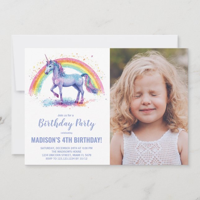 Rainbow Unicorn - Convites de Aniversário com foto (Frente)