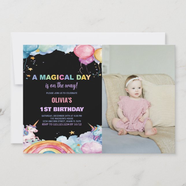 Rainbow Unicorn - Convites de Aniversário com foto (Frente)
