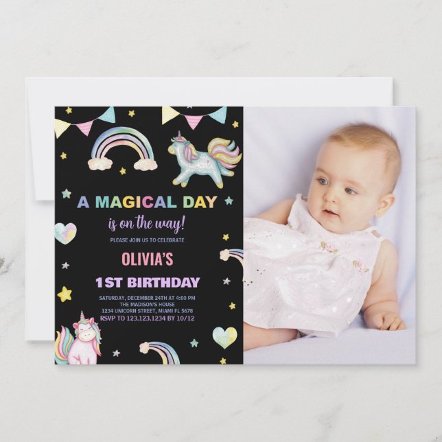 Rainbows Unicorn Convites de Aniversário com Foto (Frente)