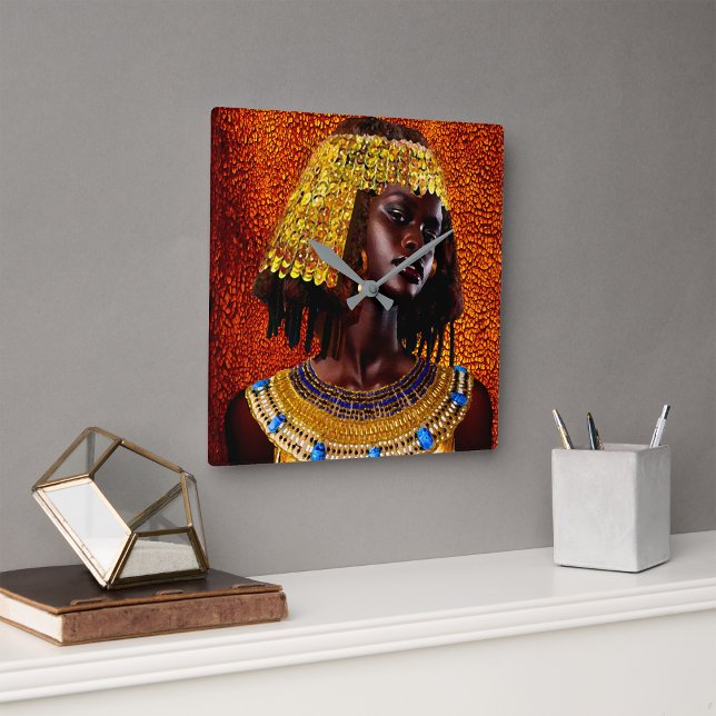 Rainha Núbia • Relógio de Parede Quadrado (Nubian Queen Square Wall Clock:
This timepiece becomes more than just a way to keep track of hours.)