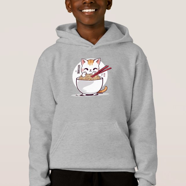 Ramen Cat Comendo Noodles Design T Shirt (Frente)