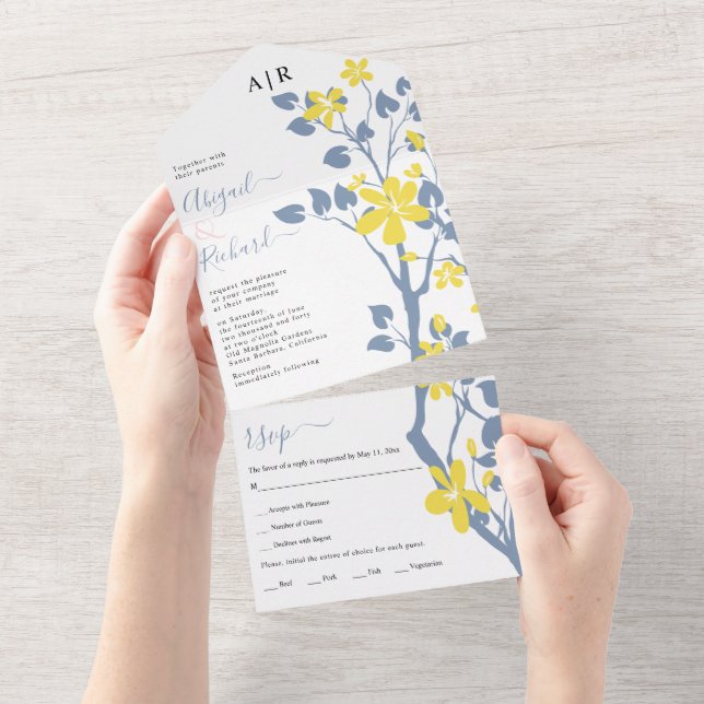 Ramo azul empoeirado e amarelo, casamento com flor (Tearaway)