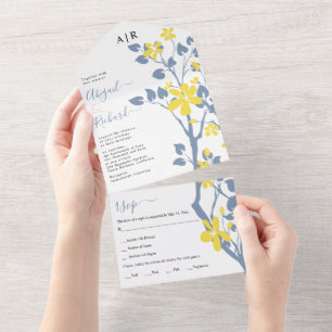 Ramo azul empoeirado e amarelo, casamento com flor