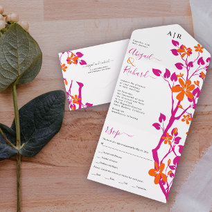 Ramo magenta e iniciais de flores de laranja casam