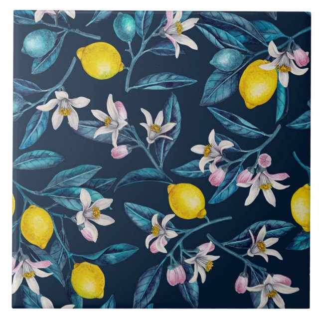 Ramos de limão com flores e fruta em azul (Frente)