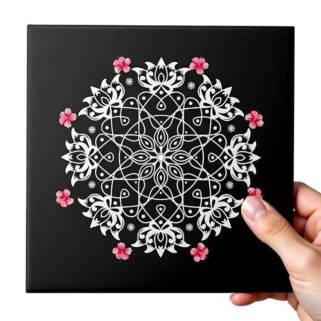 Rangoli branco com hibisco (White Rangoli with hibiscus Ceramic Tile)