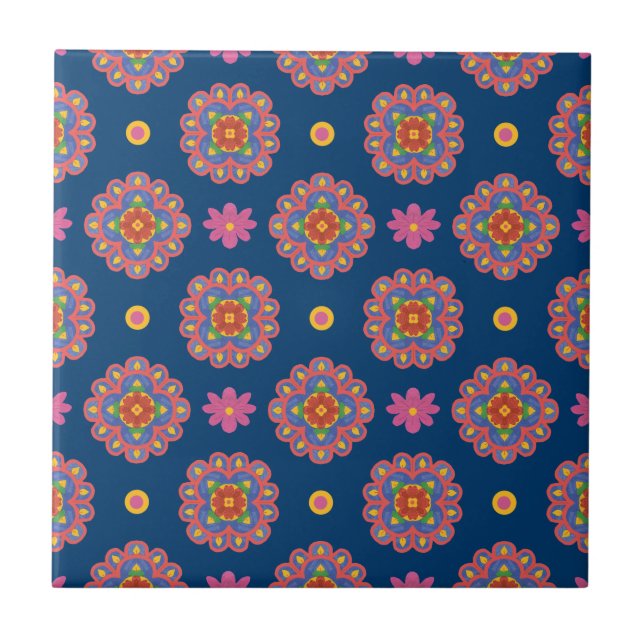 Rangoli, Flores e Bolinhas, Azulejo de cerâmica az (Frente)