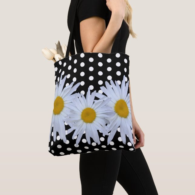 Rapariga Bolinhas Brancas Negras Daisy Tote Bag (Close Up)
