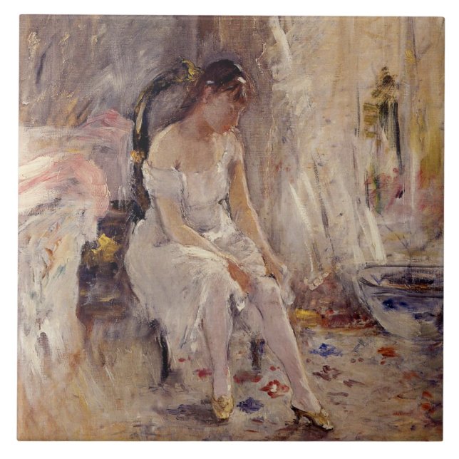 Rapariga colocando suas meias (por Berthe Morisot) (Frente)