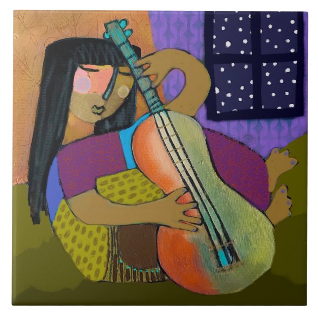 Rapariga com Azulejo de guitarra/Trivet (quadrado  (Frente)