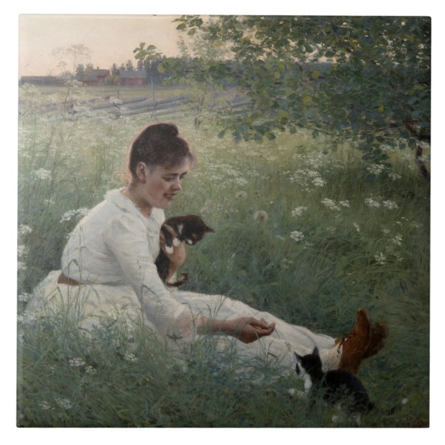 Rapariga com Gatos na Paisagem de Verão (Kittens) (Frente)