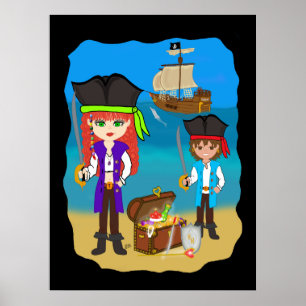 Rapariga e Menino Piratas com Nave na Praia Poster