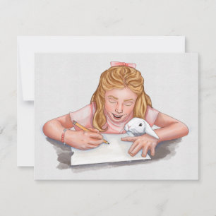 Rapariga escrevendo com coelho de estimação comend