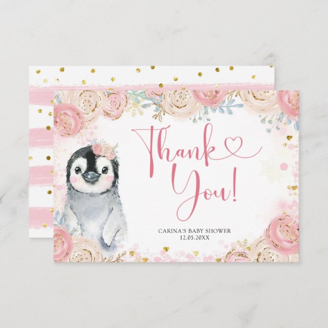 Rapariga Penguin Winter Snowflake Cartões de agrad (Frente/Verso)