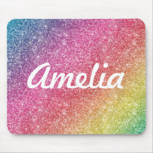 Rapariga Rainbow Glitter Monogramas Nome Mouse Pad