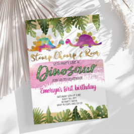 Rapariga Rosa Dinossauro Convite de Aniversário