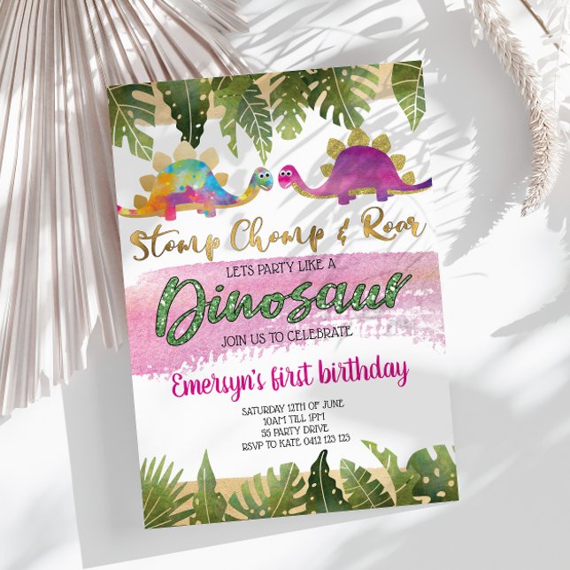 Rapariga Rosa Dinossauro Convite de Aniversário (Criador carregado)