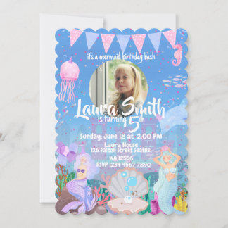 Rapariga Roxo Sereia Convite de Aniversário