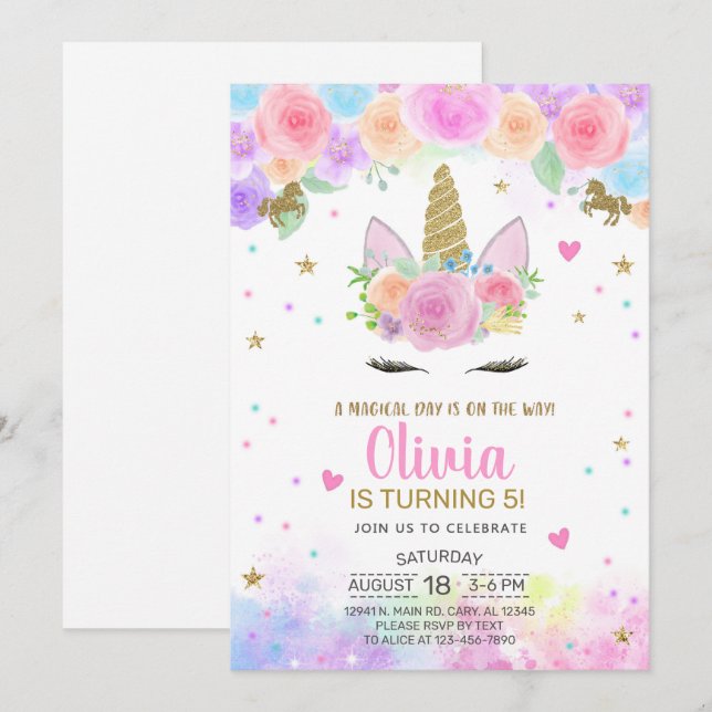 Rapariga Unicórn, aquarela e convite de aniversári (Frente/Verso)